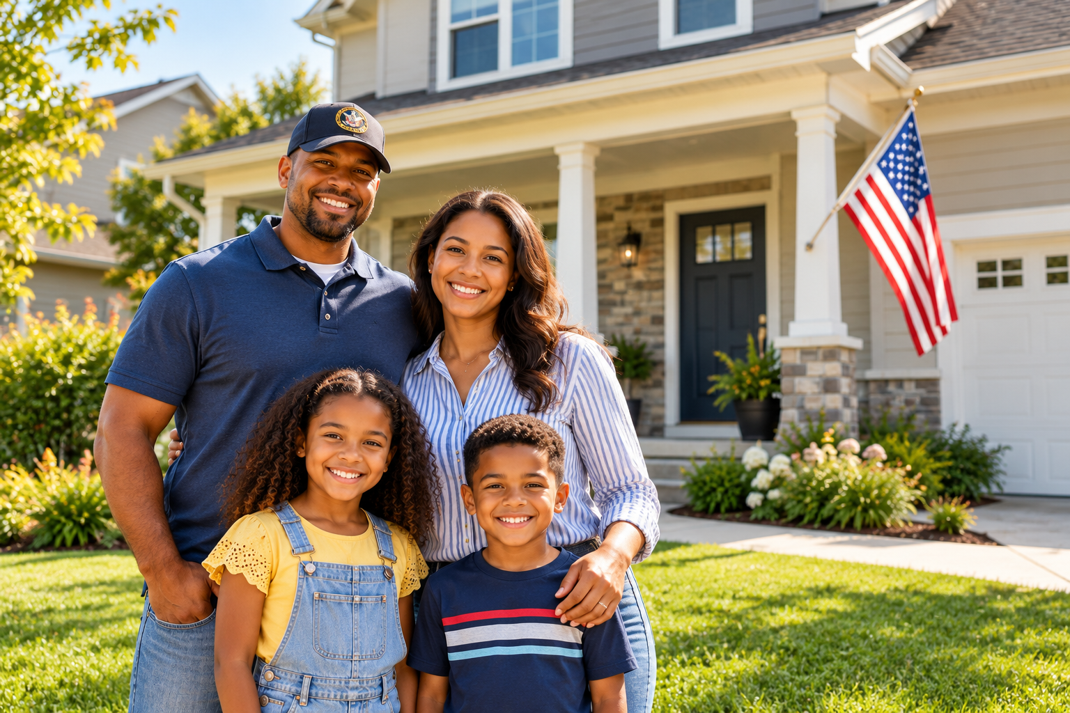 Illustrative military family outside a home with an American flag